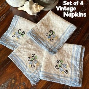 Set of 4 Vintage Napkins-White/Blue Embroidery Detail-Nubby Cotton
